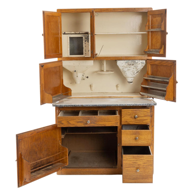 Oak Hoosier Cupboard with White Enamel Pull-Out Work Surface