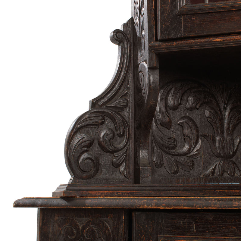 Oak Jacobean Revival Corner Cabinet w/ Hand Carved Details and Stained Glass Fronted Upper Cabinet