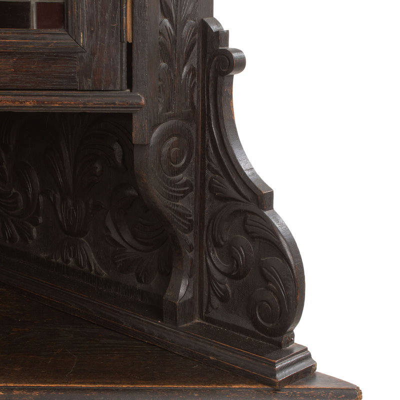 Oak Jacobean Revival Corner Cabinet w/ Hand Carved Details and Stained Glass Fronted Upper Cabinet