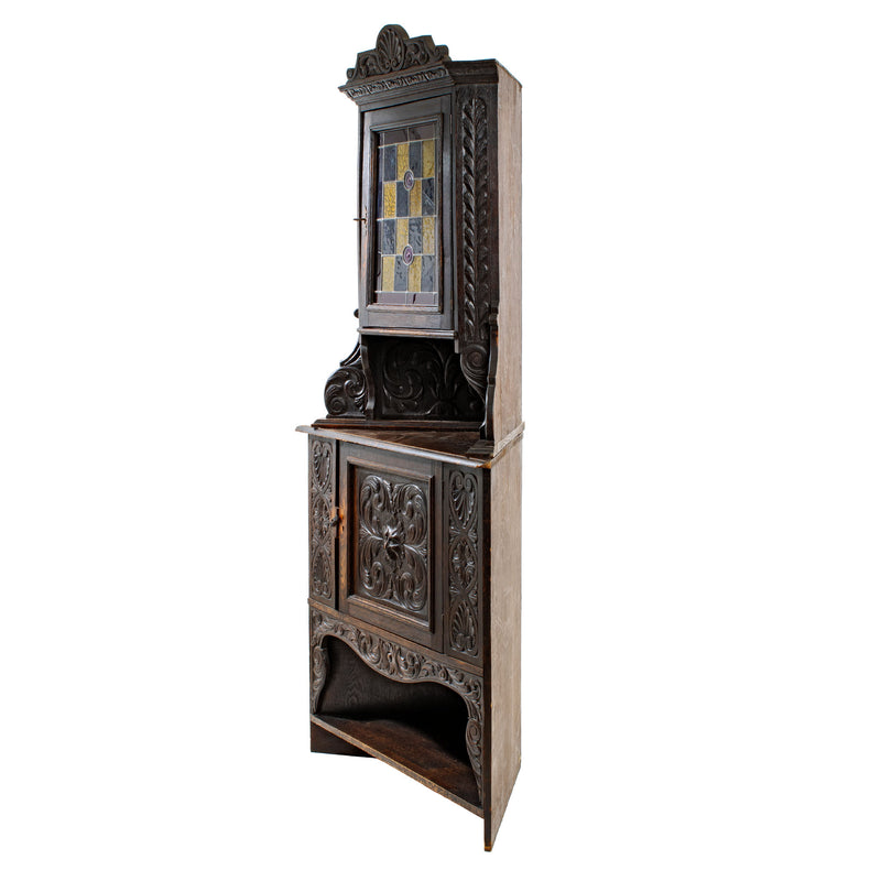 Oak Jacobean Revival Corner Cabinet w/ Hand Carved Details and Stained Glass Fronted Upper Cabinet