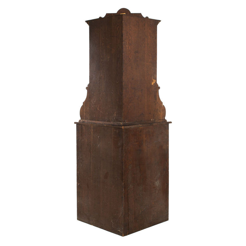 Oak Jacobean Revival Corner Cabinet w/ Hand Carved Details and Stained Glass Fronted Upper Cabinet