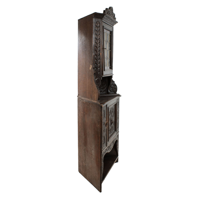 Oak Jacobean Revival Corner Cabinet w/ Hand Carved Details and Stained Glass Fronted Upper Cabinet
