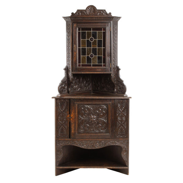 Oak Jacobean Revival Corner Cabinet w/ Hand Carved Details and Stained Glass Fronted Upper Cabinet