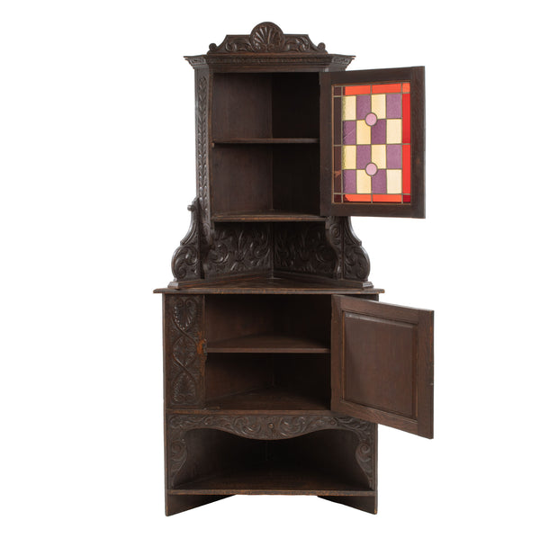 Oak Jacobean Revival Corner Cabinet w/ Hand Carved Details and Stained Glass Fronted Upper Cabinet