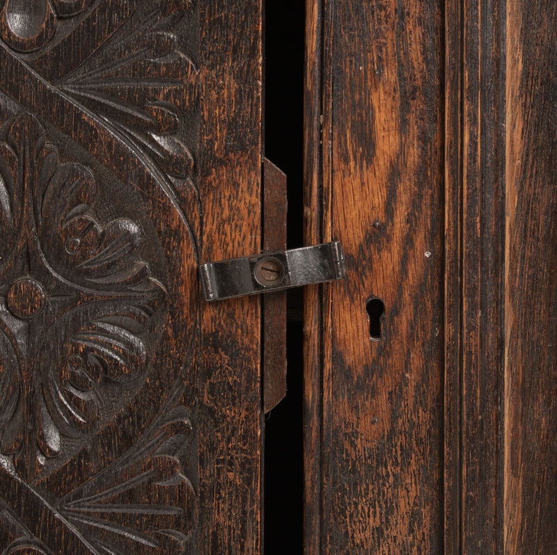 Oak Jacobean Revival Corner Cabinet w/ Hand Carved Details and Stained Glass Fronted Upper Cabinet