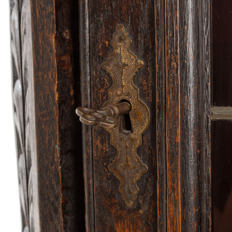 Oak Jacobean Revival Corner Cabinet w/ Hand Carved Details and Stained Glass Fronted Upper Cabinet
