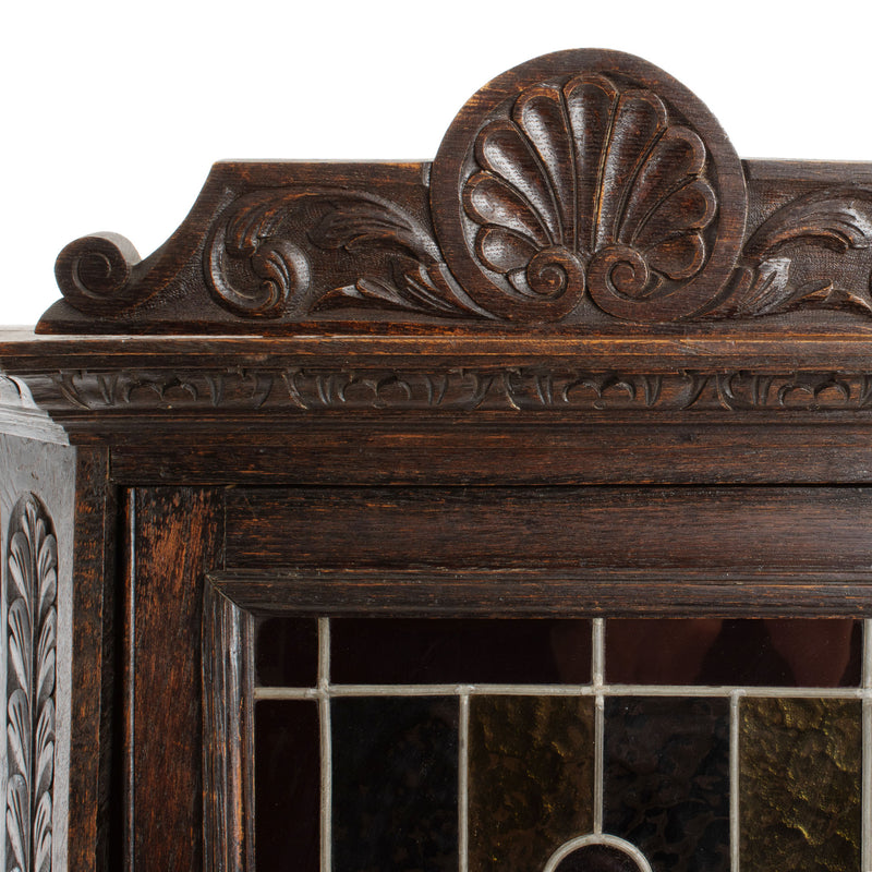 Oak Jacobean Revival Corner Cabinet w/ Hand Carved Details and Stained Glass Fronted Upper Cabinet