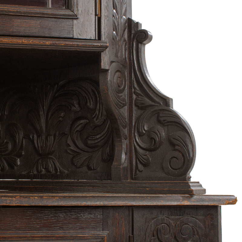 Oak Jacobean Revival Corner Cabinet w/ Hand Carved Details and Stained Glass Fronted Upper Cabinet