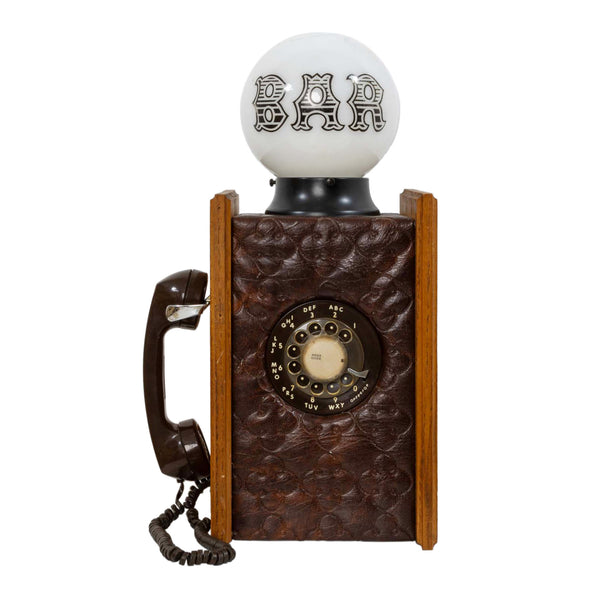Oak and Brown Vinyl Phone with Milk Glass "BAR" Globe Light