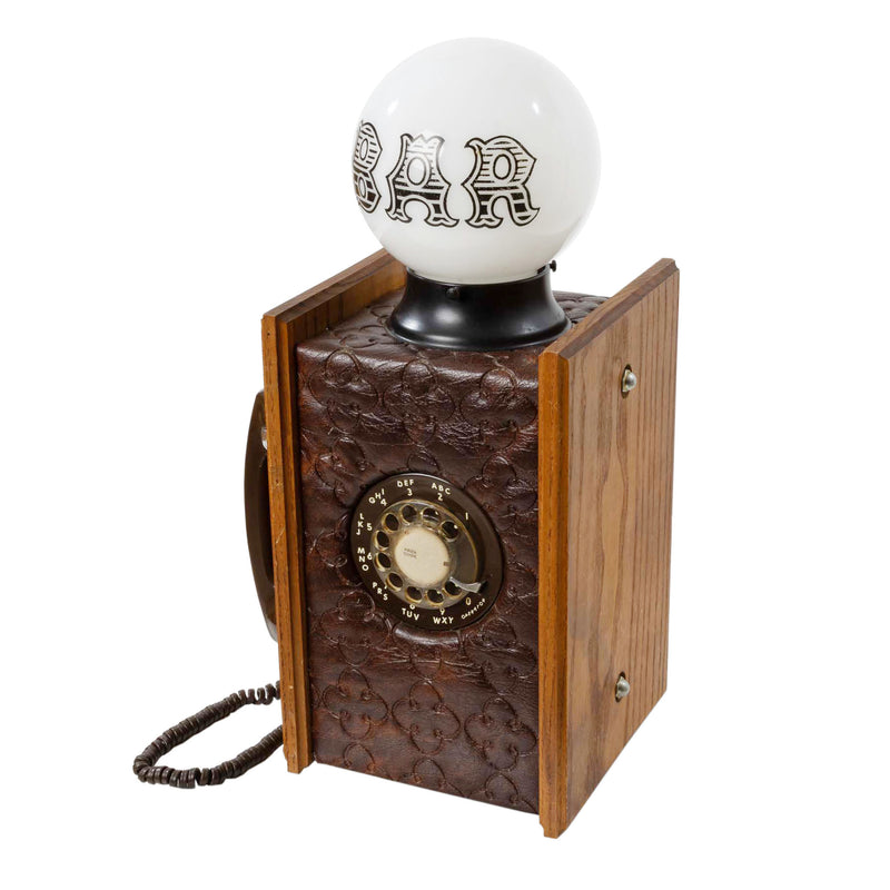 Oak and Brown Vinyl Phone with Milk Glass "BAR" Globe Light