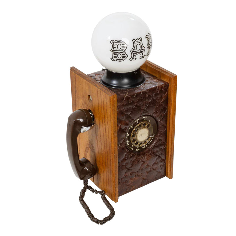Oak and Brown Vinyl Phone with Milk Glass "BAR" Globe Light