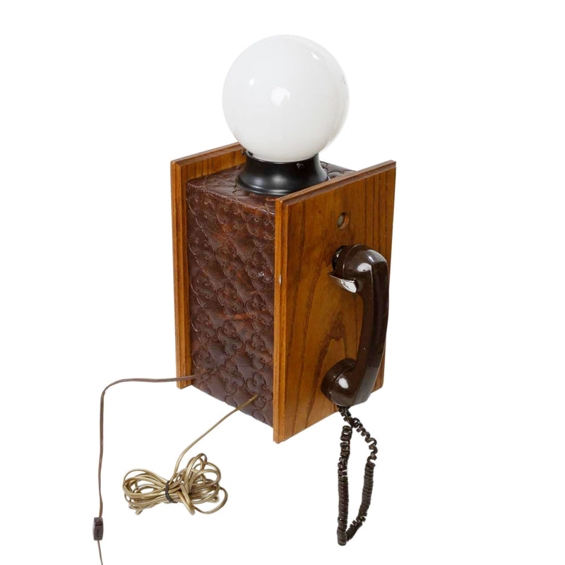 Oak and Brown Vinyl Phone with Milk Glass "BAR" Globe Light