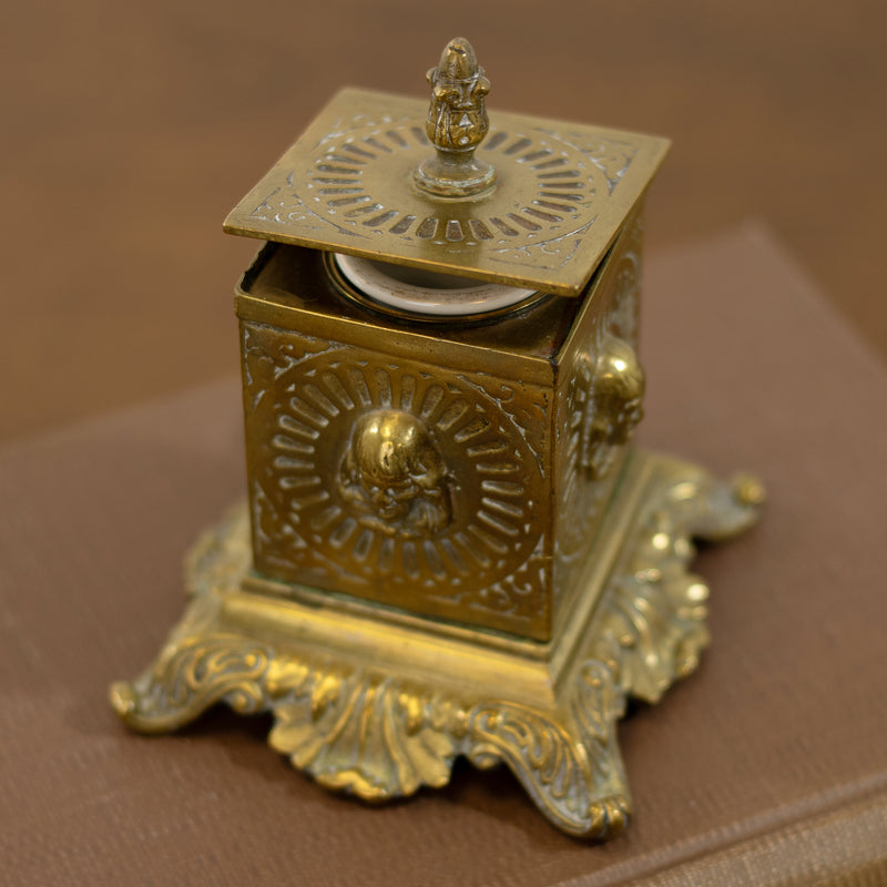 Ornate Brass Hinged Lid Inkwell w/ White Porcelain Reservoir