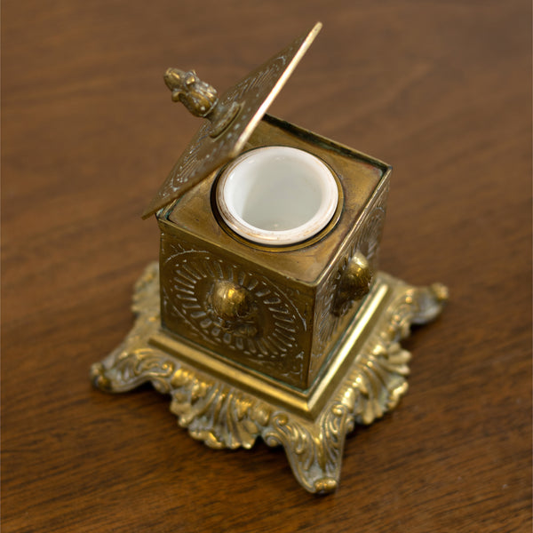 Ornate Brass Hinged Lid Inkwell w/ White Porcelain Reservoir