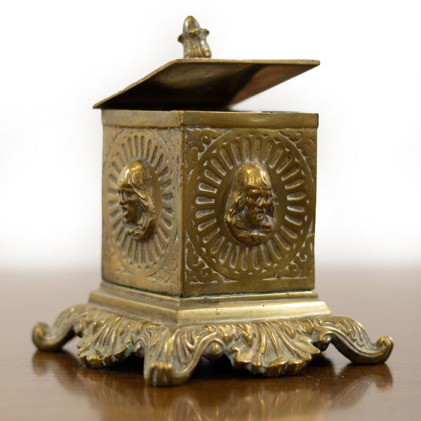 Ornate Brass Hinged Lid Inkwell w/ White Porcelain Reservoir