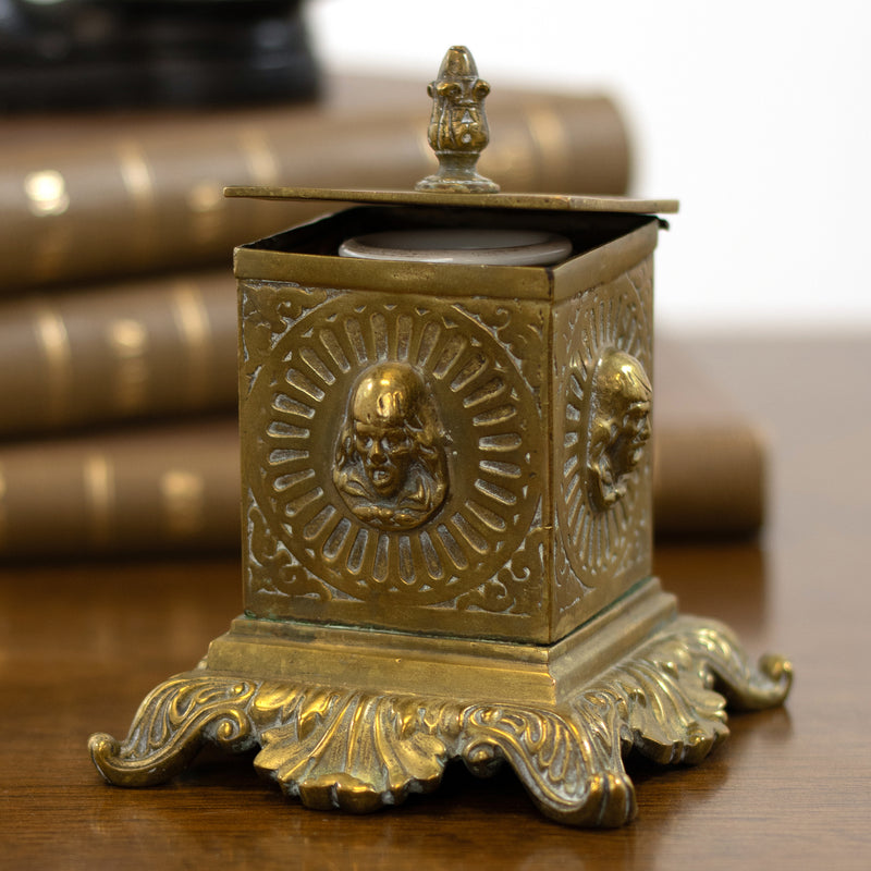 Ornate Brass Hinged Lid Inkwell w/ White Porcelain Reservoir