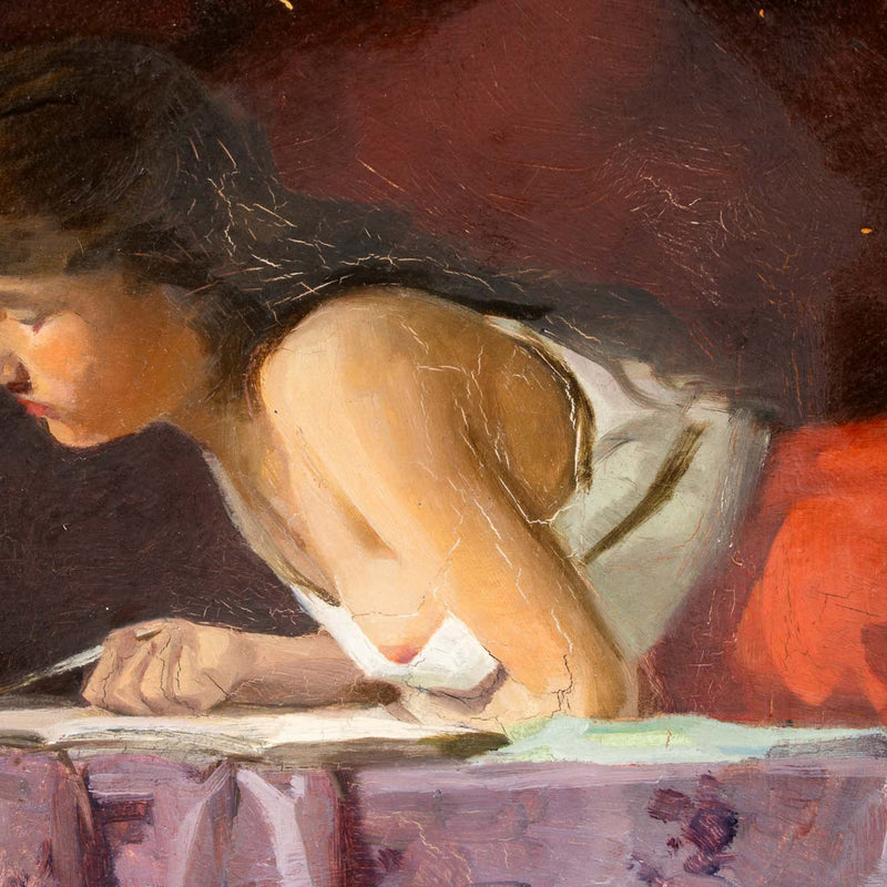 Ornate Profiled Gesso Framed Oil Painting on Board of Girl Reading by Pál Kümmerle