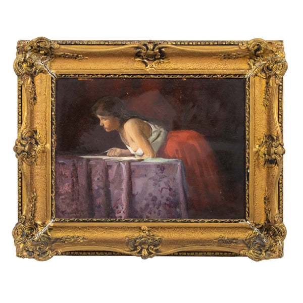 Ornate Profiled Gesso Framed Oil Painting on Board of Girl Reading by Pál Kümmerle