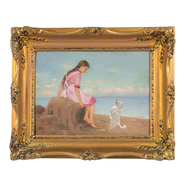 Ornate Profiled Gesso Framed Oil Painting on Board of Girl & Dog