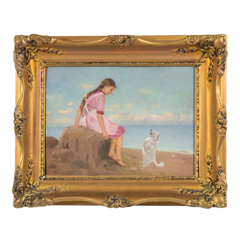 Ornate Profiled Gesso Framed Oil Painting on Board of Girl & Dog