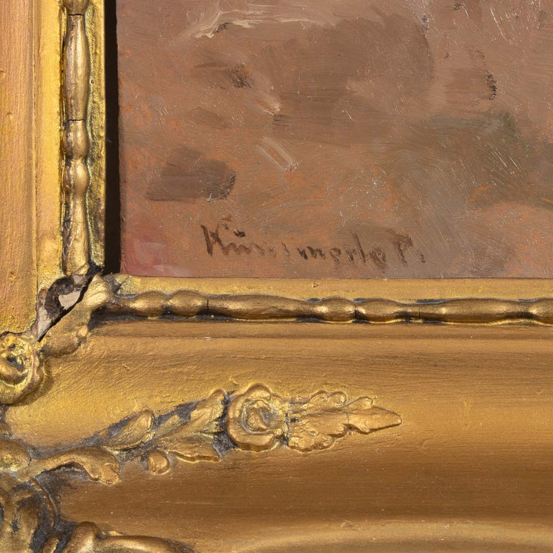 Ornate Profiled Gesso Framed Oil Painting on Board of Girl & Dog