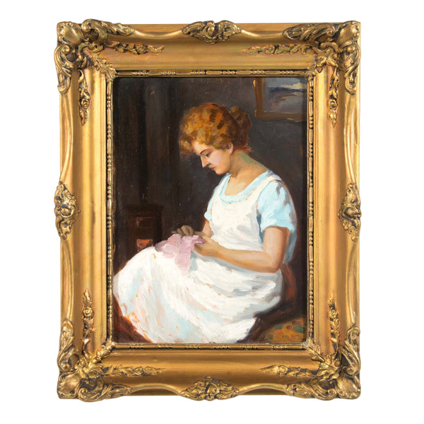 Ornate Profiled Gesso Framed Oil Painting on Board of Sewing Woman
