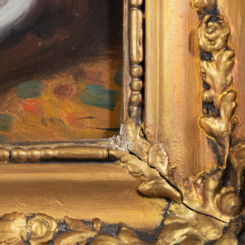 Ornate Profiled Gesso Framed Oil Painting on Board of Sewing Woman