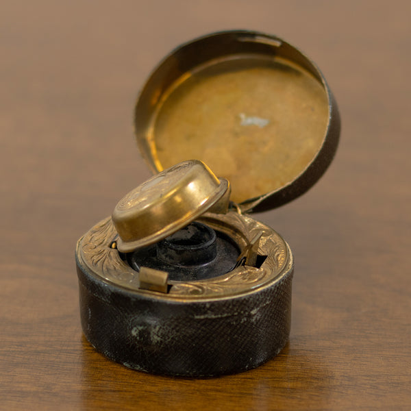 Oval Ornate Etched Brass Spring Loaded Pocket Inkwell w/ Black Leather Exterior
