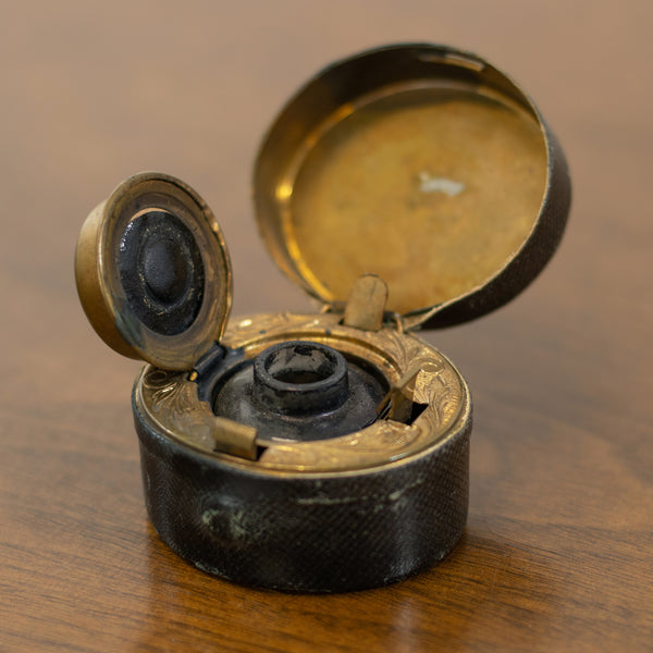 Oval Ornate Etched Brass Spring Loaded Pocket Inkwell w/ Black Leather Exterior