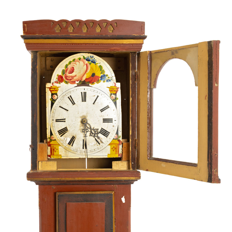 Deep Red, Black and Gold Painted French Provincial Tall Case Clock w/ Carved Crown and Ornate Hand Painted Floral Dial