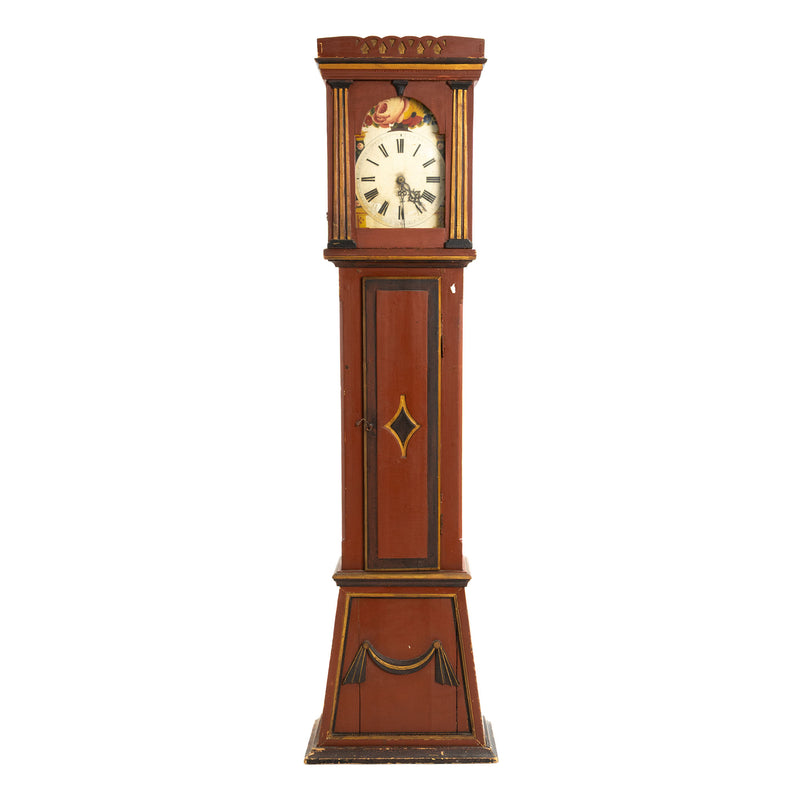 Deep Red, Black and Gold Painted French Provincial Tall Case Clock w/ Carved Crown and Ornate Hand Painted Floral Dial