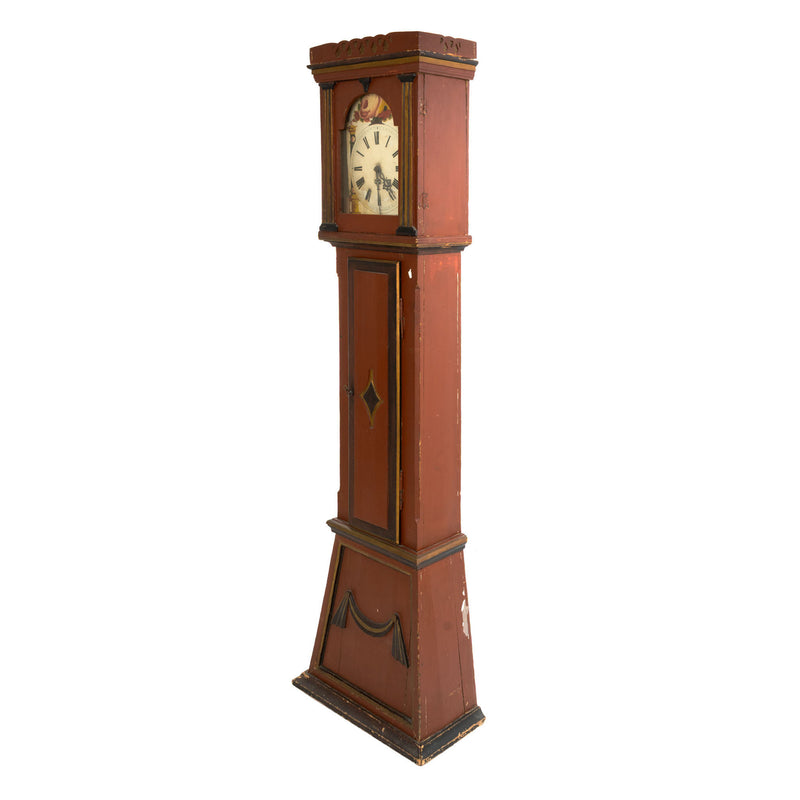 Deep Red, Black and Gold Painted French Provincial Tall Case Clock w/ Carved Crown and Ornate Hand Painted Floral Dial