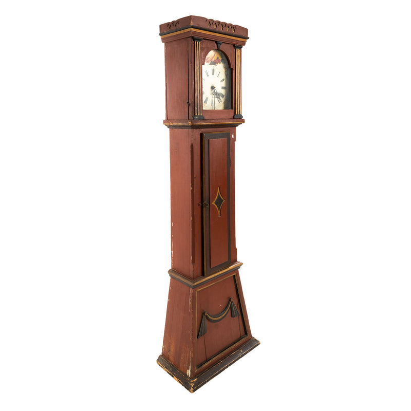 Deep Red, Black and Gold Painted French Provincial Tall Case Clock w/ Carved Crown and Ornate Hand Painted Floral Dial