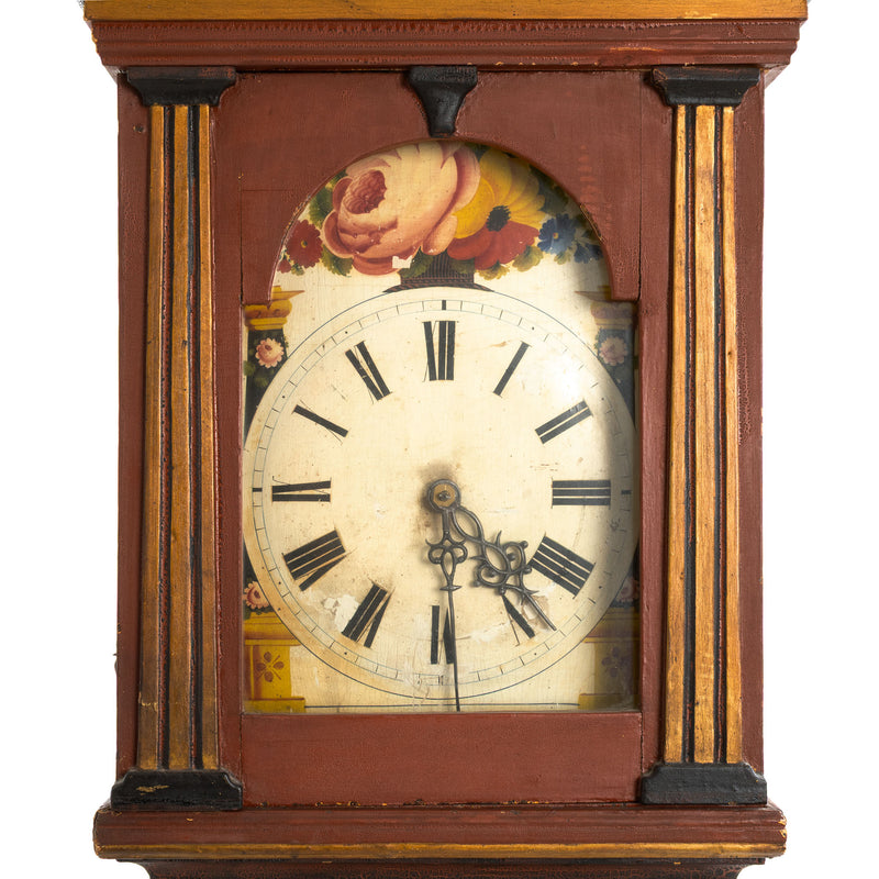 Deep Red, Black and Gold Painted French Provincial Tall Case Clock w/ Carved Crown and Ornate Hand Painted Floral Dial