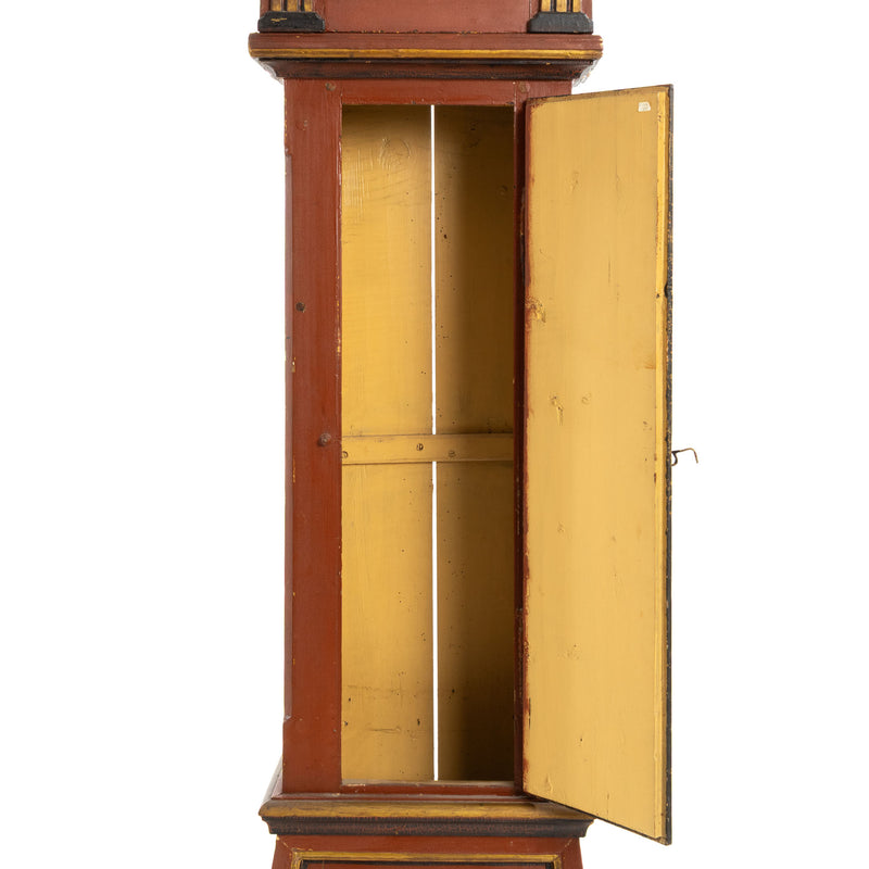 Deep Red, Black and Gold Painted French Provincial Tall Case Clock w/ Carved Crown and Ornate Hand Painted Floral Dial