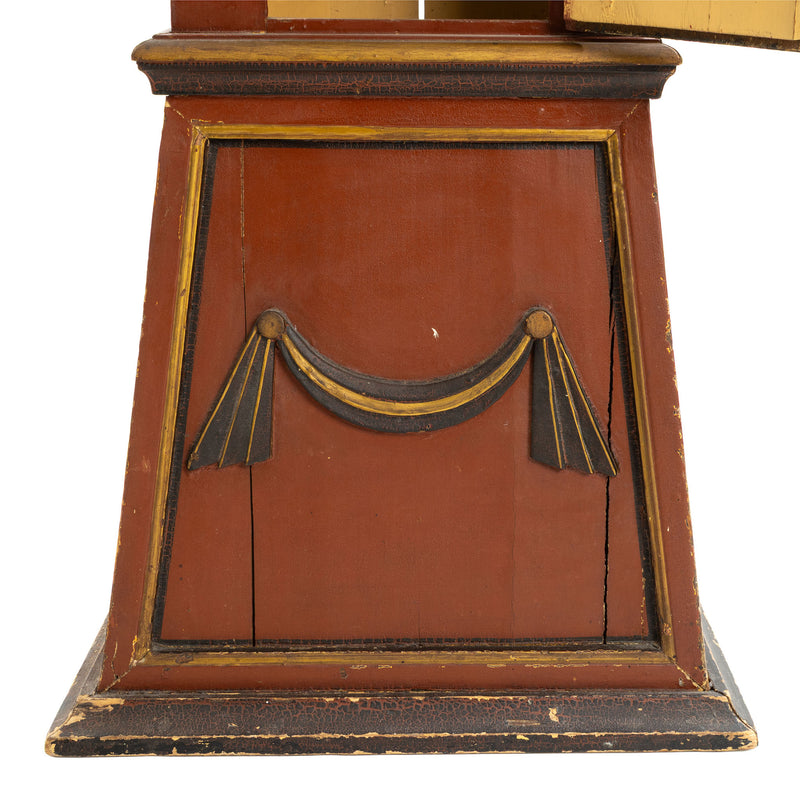 Deep Red, Black and Gold Painted French Provincial Tall Case Clock w/ Carved Crown and Ornate Hand Painted Floral Dial