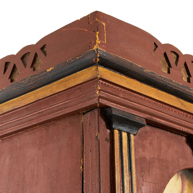 Deep Red, Black and Gold Painted French Provincial Tall Case Clock w/ Carved Crown and Ornate Hand Painted Floral Dial