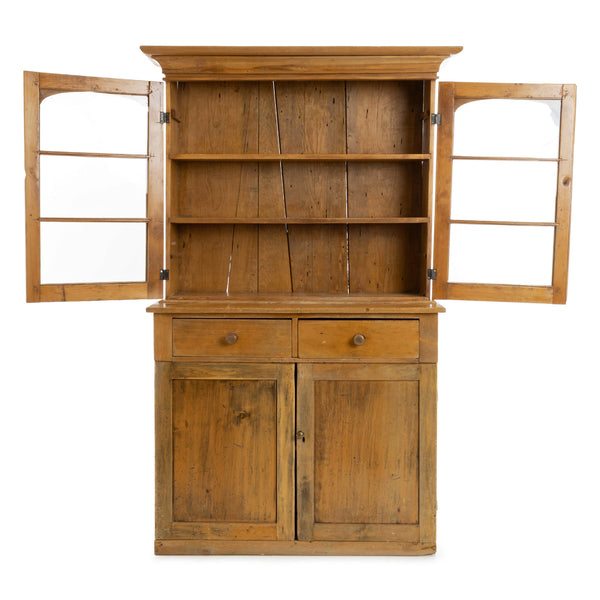 Pine 2 Piece Hutch with 2 Glazed Door Upper and 2 Door/2 Drawer Base