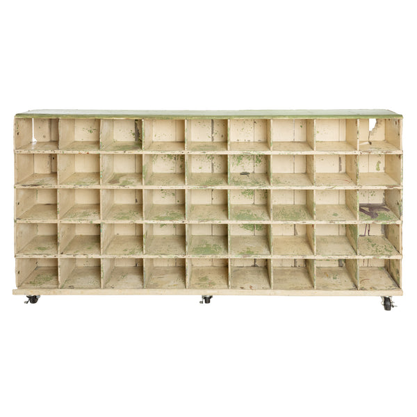 Primitive Distressed Green Painted French Factory Storage Cabinet w/ 45 Open Cubbies