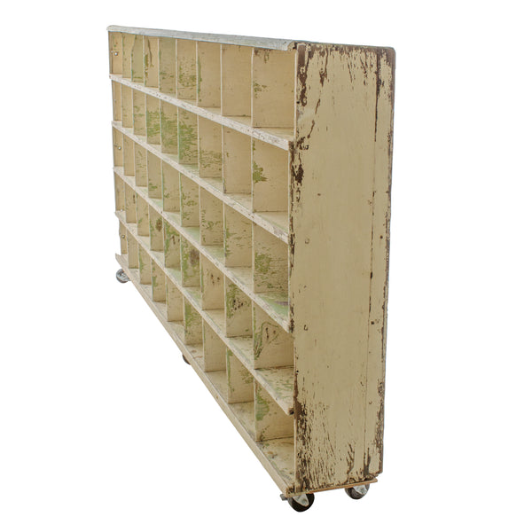 Primitive Distressed Green Painted French Factory Storage Cabinet w/ 45 Open Cubbies