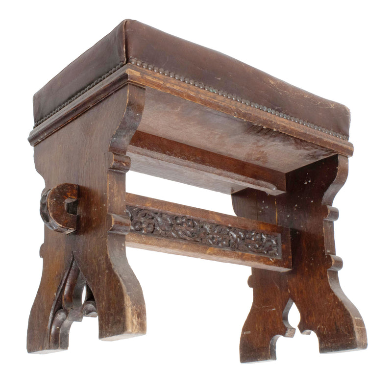 Quarter Cut Oak Foot Stool with Ornate Carved Bar and Leather Upholstered Top