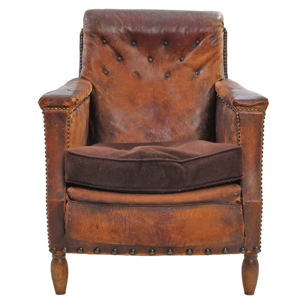 Rare 1920s Button Tufted Leather Club Chairs with Brass Show Nails and Brown Velvet Upholstered Down Filled Seat Cushions (Pair)