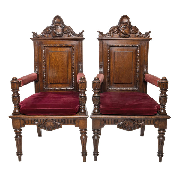 Rare Oak Victorian Throne/ Hall Chairs with Fielded Center Panel, Carved Moldings, Carved Pediment, and Turned/ Carved Leg & Arm Supports (Pair)