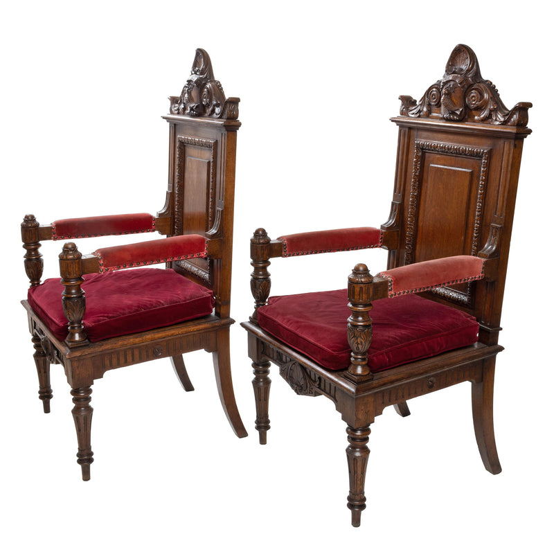 Rare Oak Victorian Throne/ Hall Chairs with Fielded Center Panel, Carved Moldings, Carved Pediment, and Turned/ Carved Leg & Arm Supports (Pair)