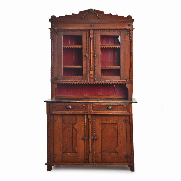 Rare Southwest Pine Hutch with Original Spirit Varnish Crackle Finish and Applied Geometric Moldings
