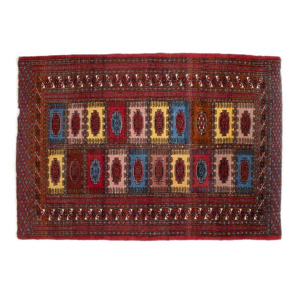 Red, Blue, Yellow and Pink Wool Rug w/ Worn Fringe