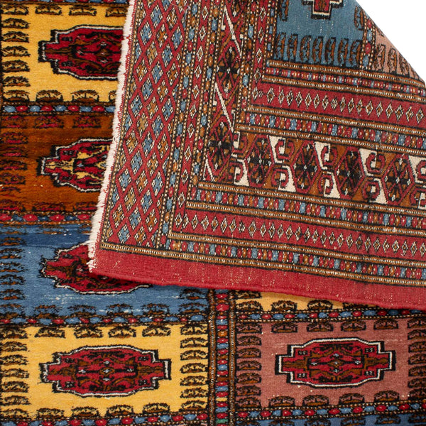 Red, Blue, Yellow and Pink Wool Rug w/ Worn Fringe