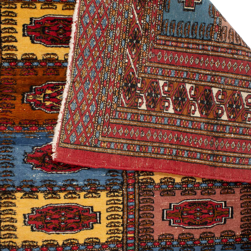 Red, Blue, Yellow and Pink Wool Rug w/ Worn Fringe