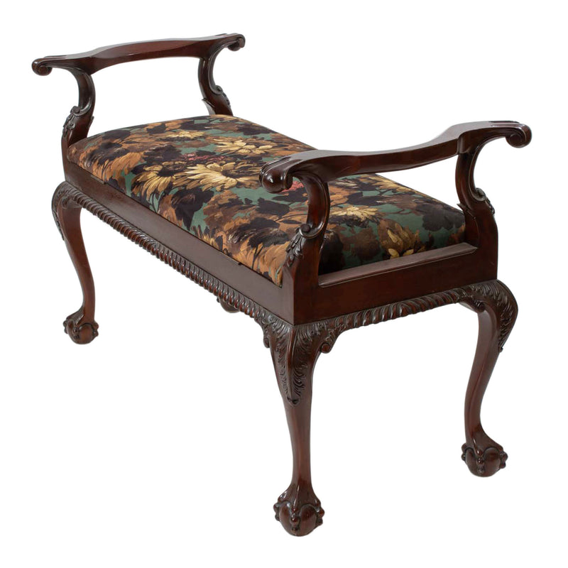 Reproduction Chippendale-Style Green Floral Upholstered Bench with Hinged Seat & Ball-and-Claw Feet