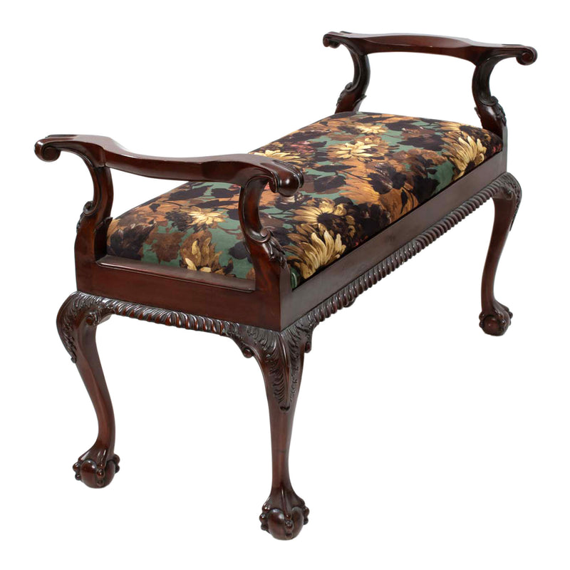 Reproduction Chippendale-Style Green Floral Upholstered Bench with Hinged Seat & Ball-and-Claw Feet